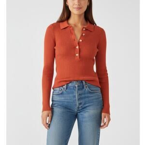 Faherty Mikki Orange Brick Cashmere/Cotton Rib Knit Polo Sweater, size S